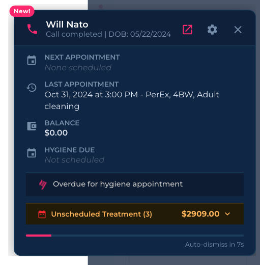 Kasper caller ID call popup for Open Dental showing patient name, appointments, balance, hygiene status, and unscheduled treatment on incoming call
